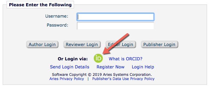 ORCID single sign-on button on journal login page
